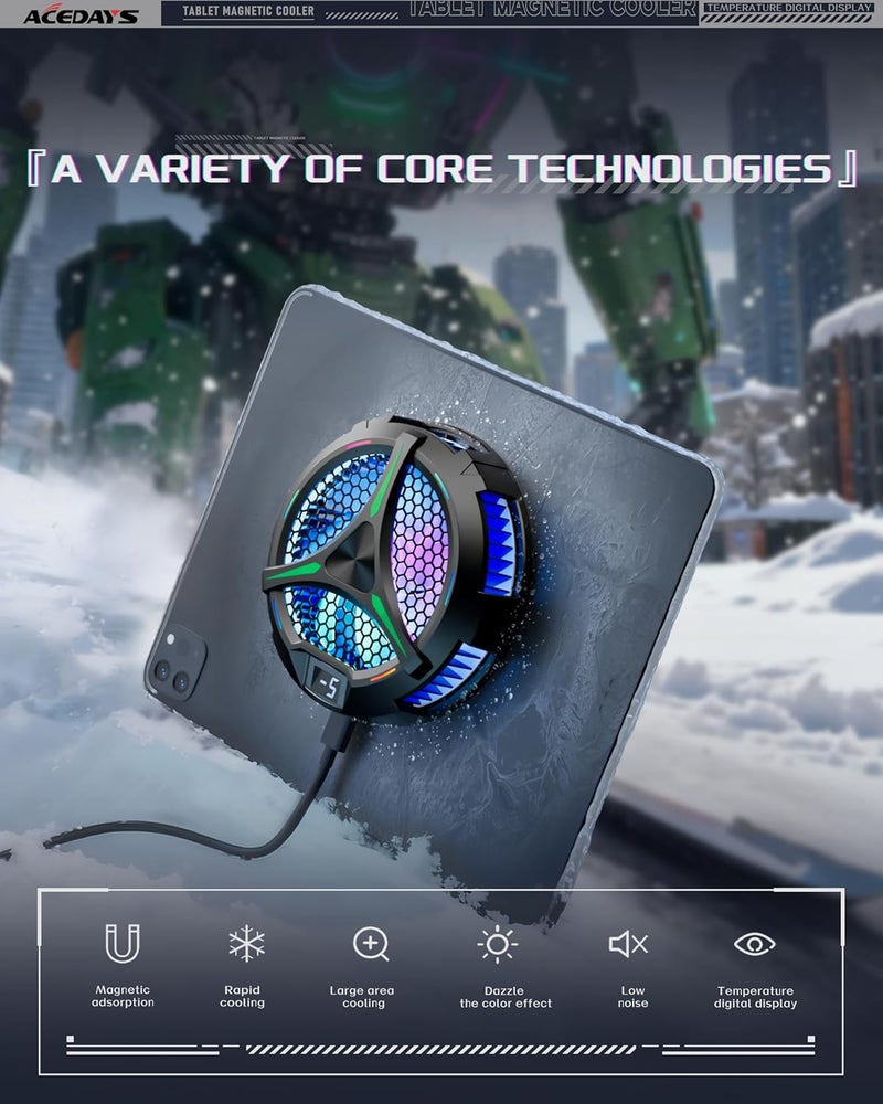 ACEDAYS iPad Cooler,Magnetic Tablet Cooler for ipad/Surface pro/Samsung Tab,iPad Cooing Fan with Temperature Display for Mobile Gaming,Tiktok Live Streaming (Green Mech+3 pcs Magnetic Suction Sheet) - Image 2